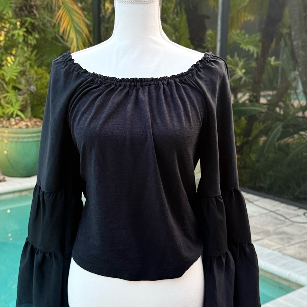 Anthropologie Black Bell Sleeve Ruched Blouse